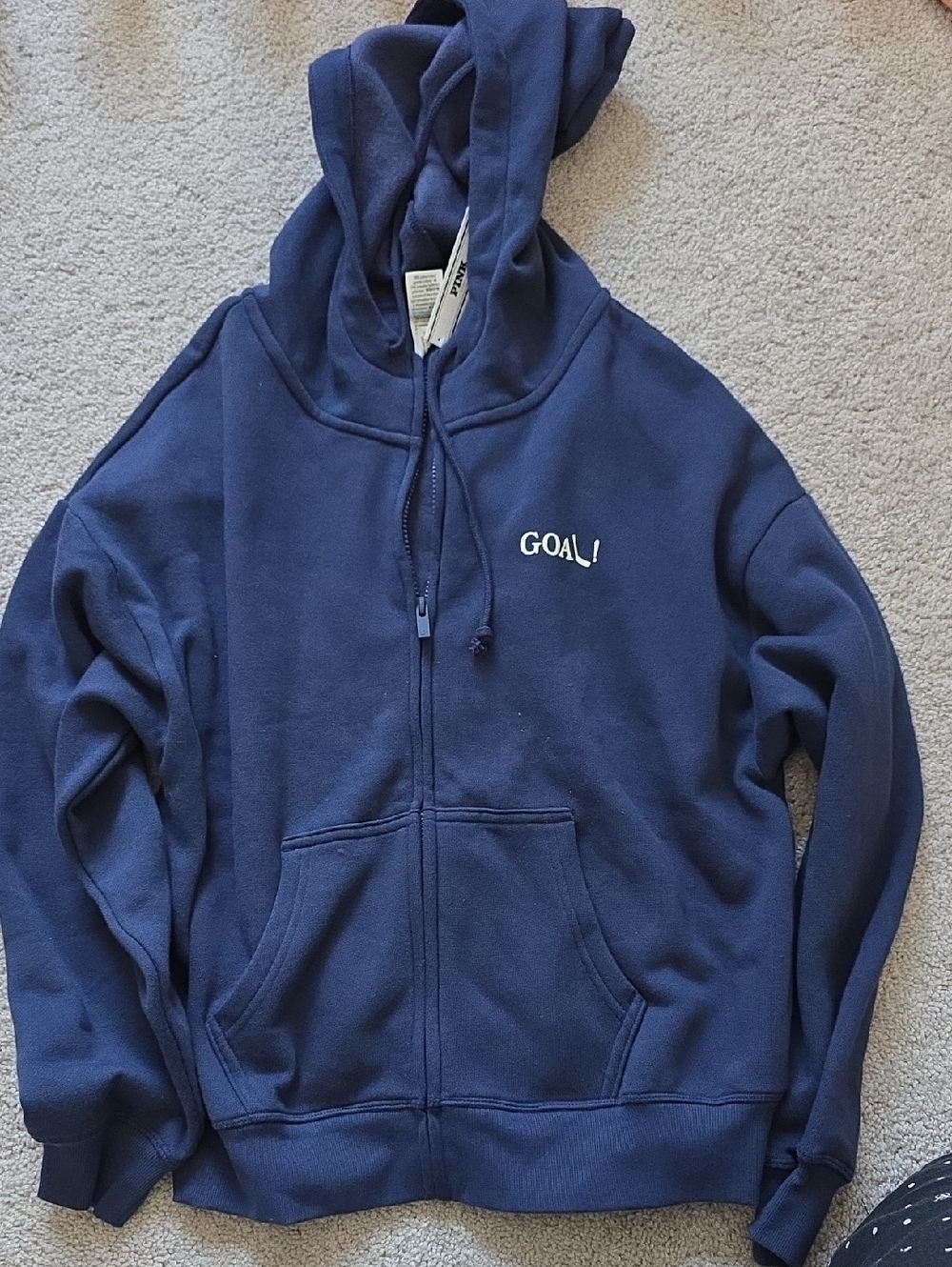 PINK Victoria's Secret Navy Blue Zip-Up Hoodie with 'GOAL!' Logo